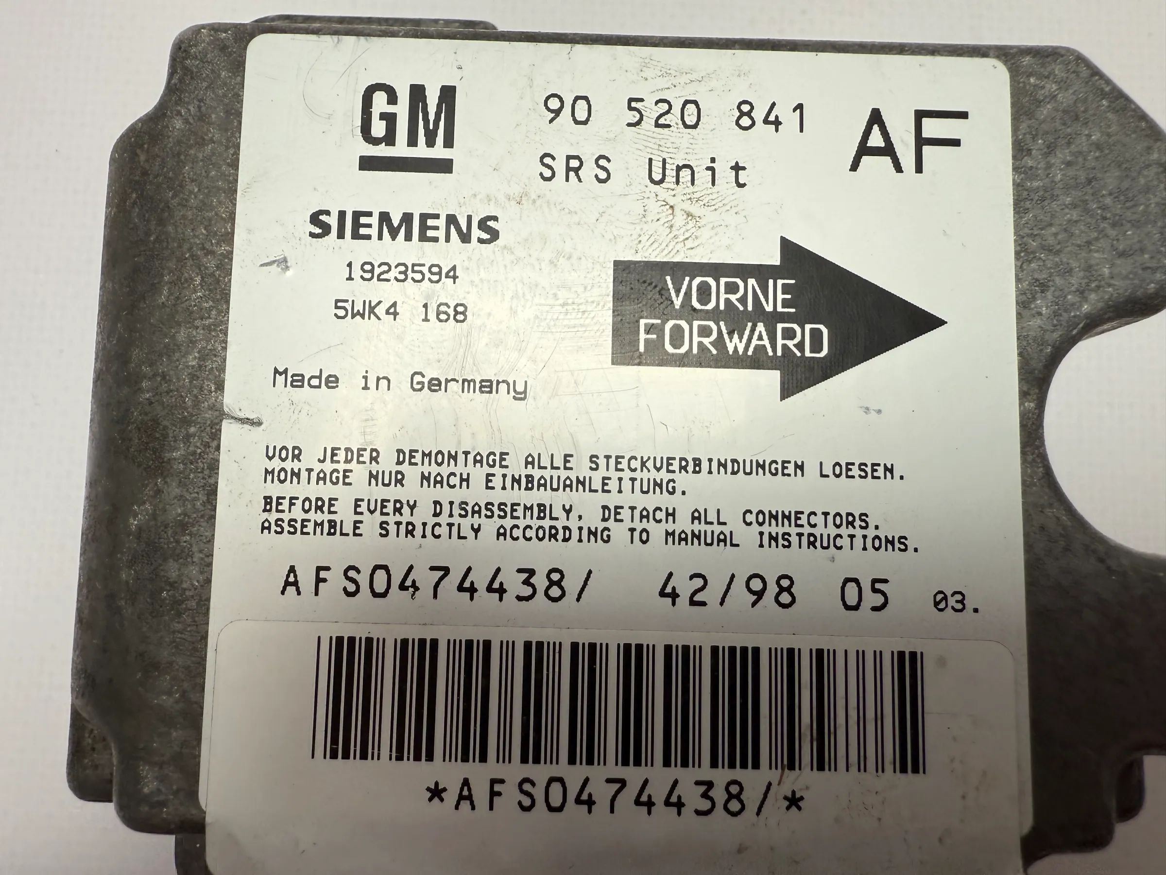 Original OPEL ASTRA G Módulo de Airbag 90520841 AF / 5WK4168