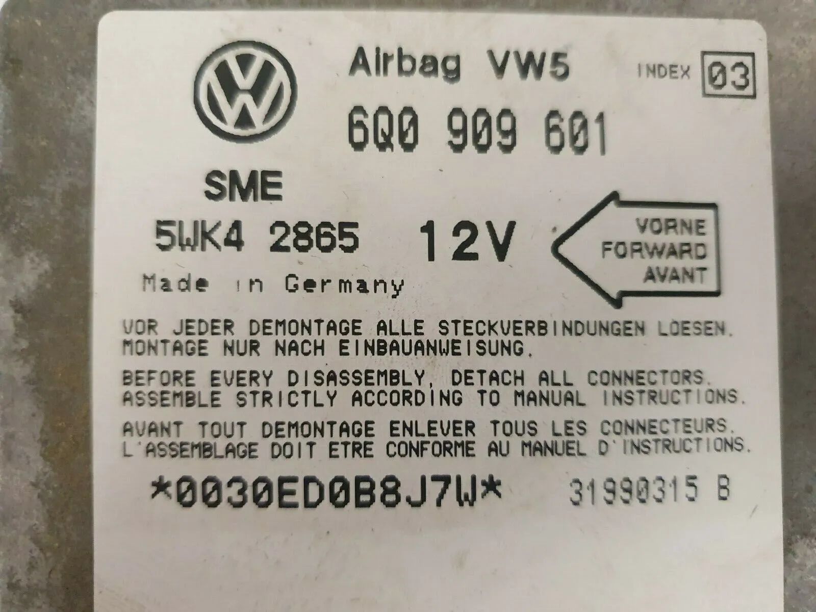 oryginalny VW Polo 6N2 Bora Moduł Sterujący Poduszek Powietrznych Airbagsteuergerät 6Q0909601 Indeks 03