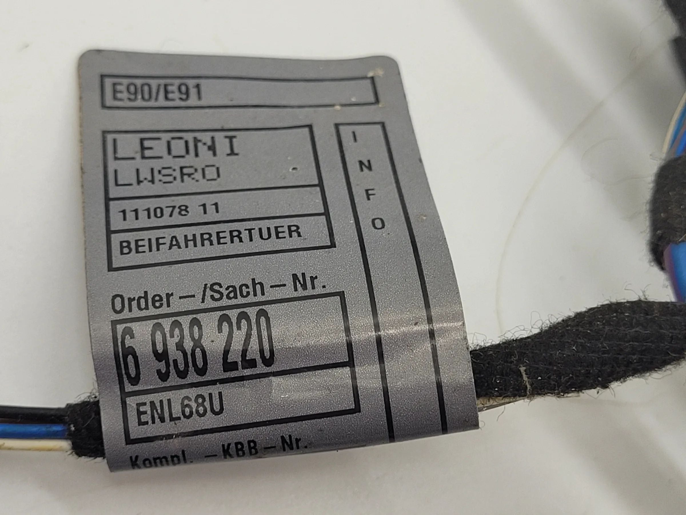 BMW 3er Touring E91 Kabelbaum Kabelsatz Tür Vorne Rechts 6938220 Original