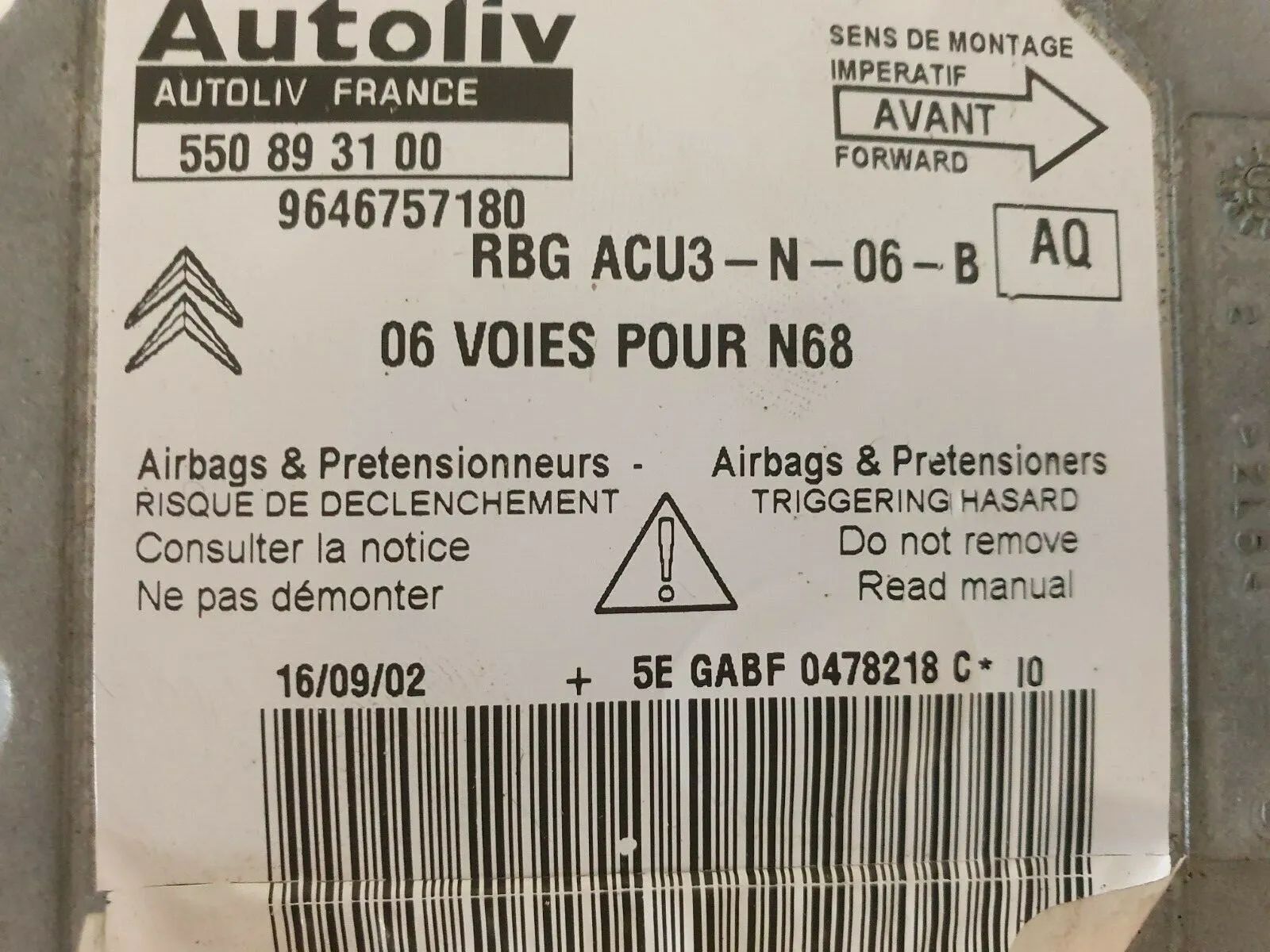 อะไหล่แท้ กล่องควบคุมแอร์แบก Citroen Xsara Picasso 550893100 9646757180 AQ