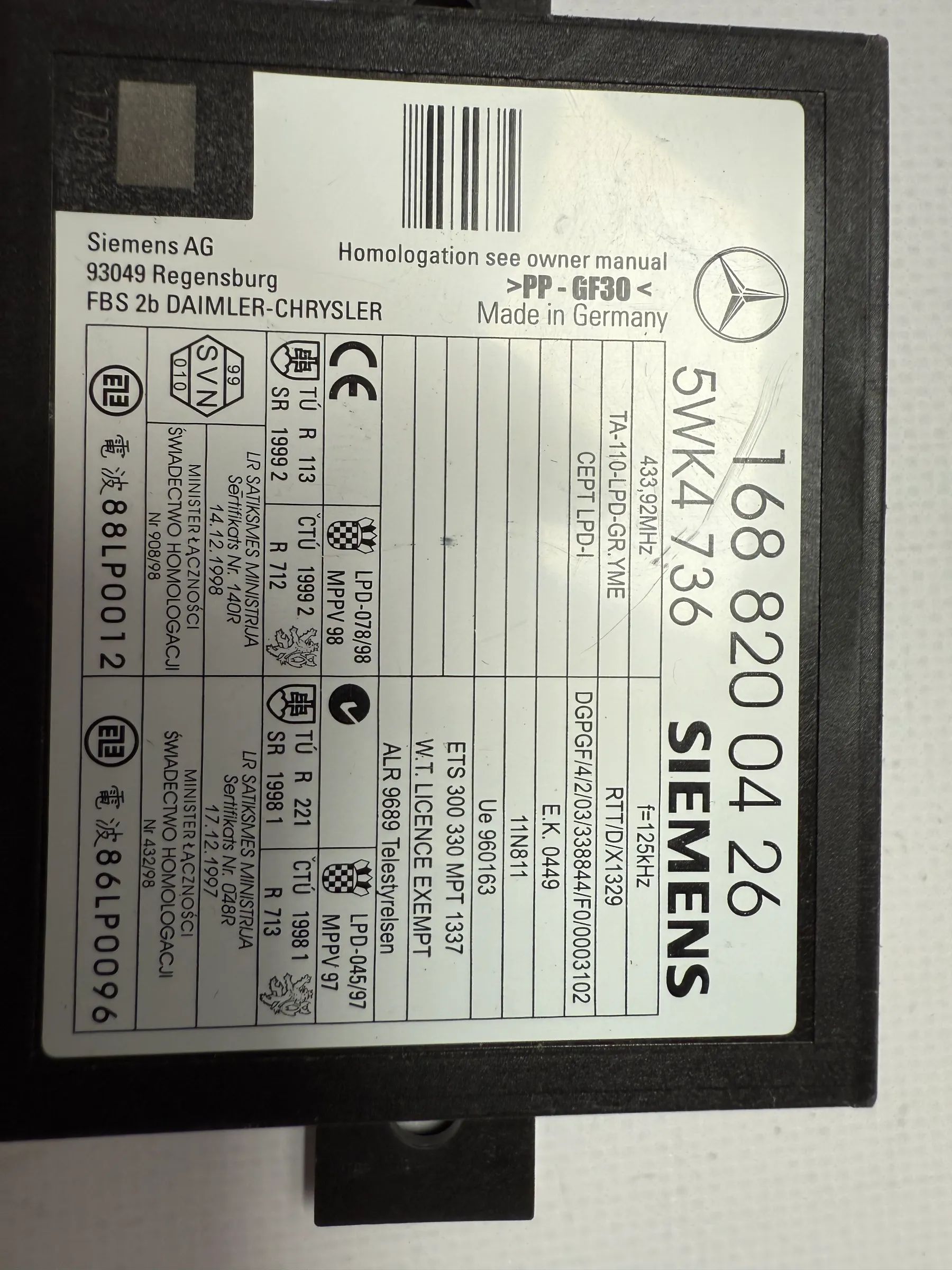 Original Mercedes-Benz A-Class W168/W414 immobilizer control unit A1688200426 