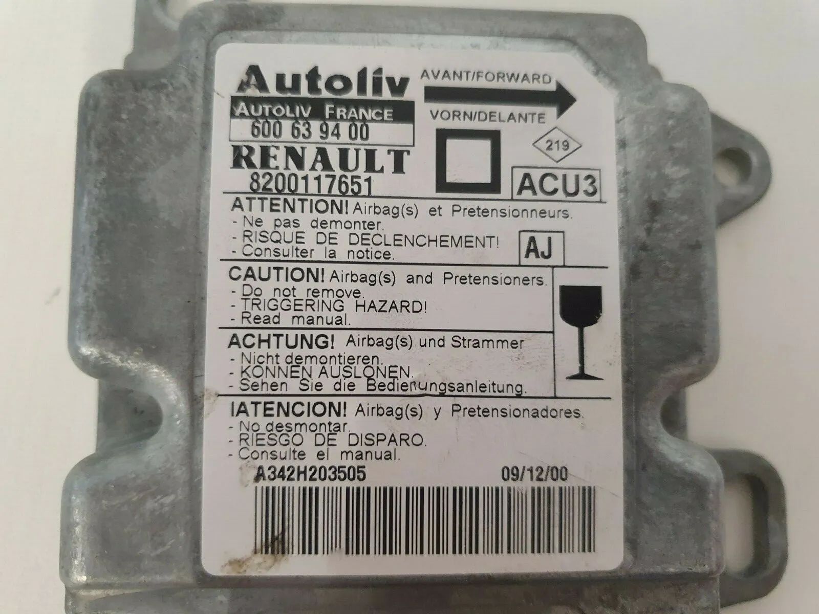 Unidad de control original de airbag 8200117651 Autoliv 600639400 RENAULT Megane I