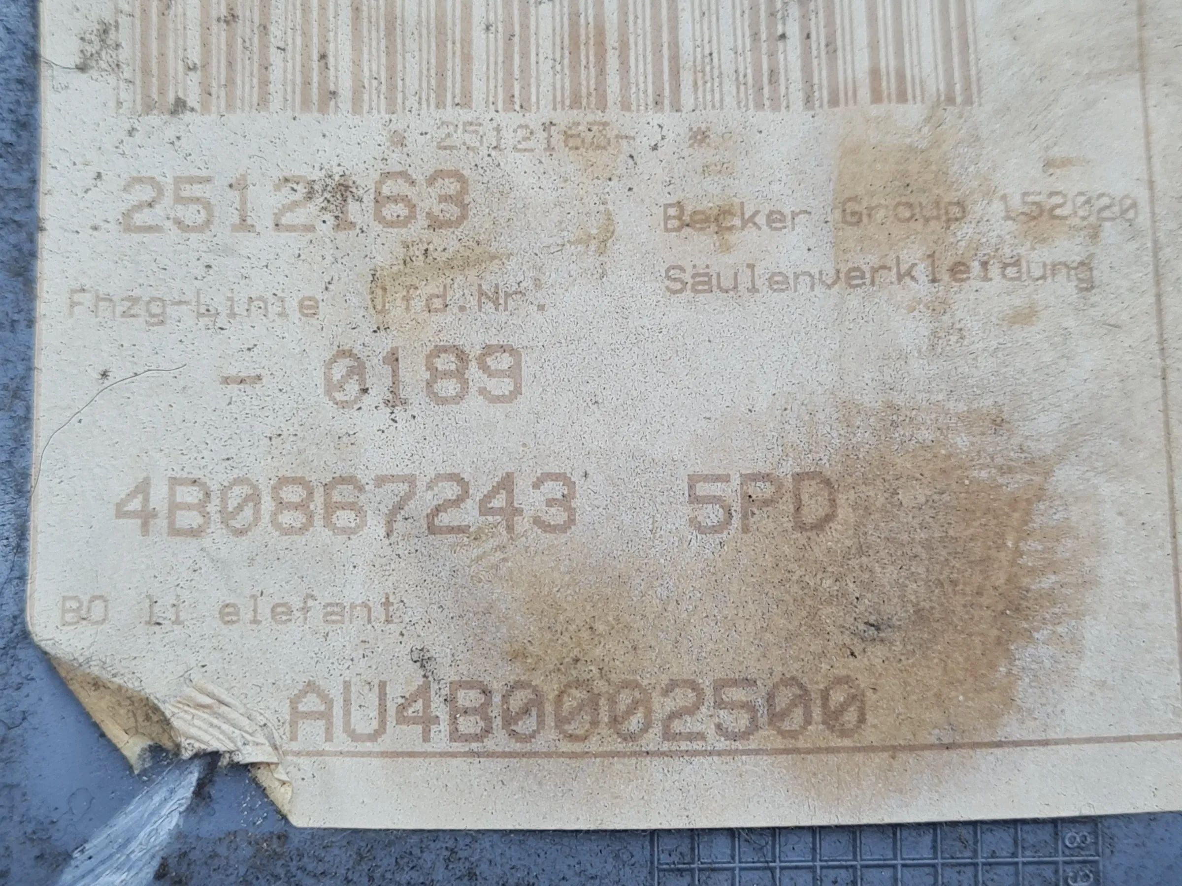 Original Audi A6 (4B2/4B4) Verkleidung B-Säule Links Oben Grau 4B0867243