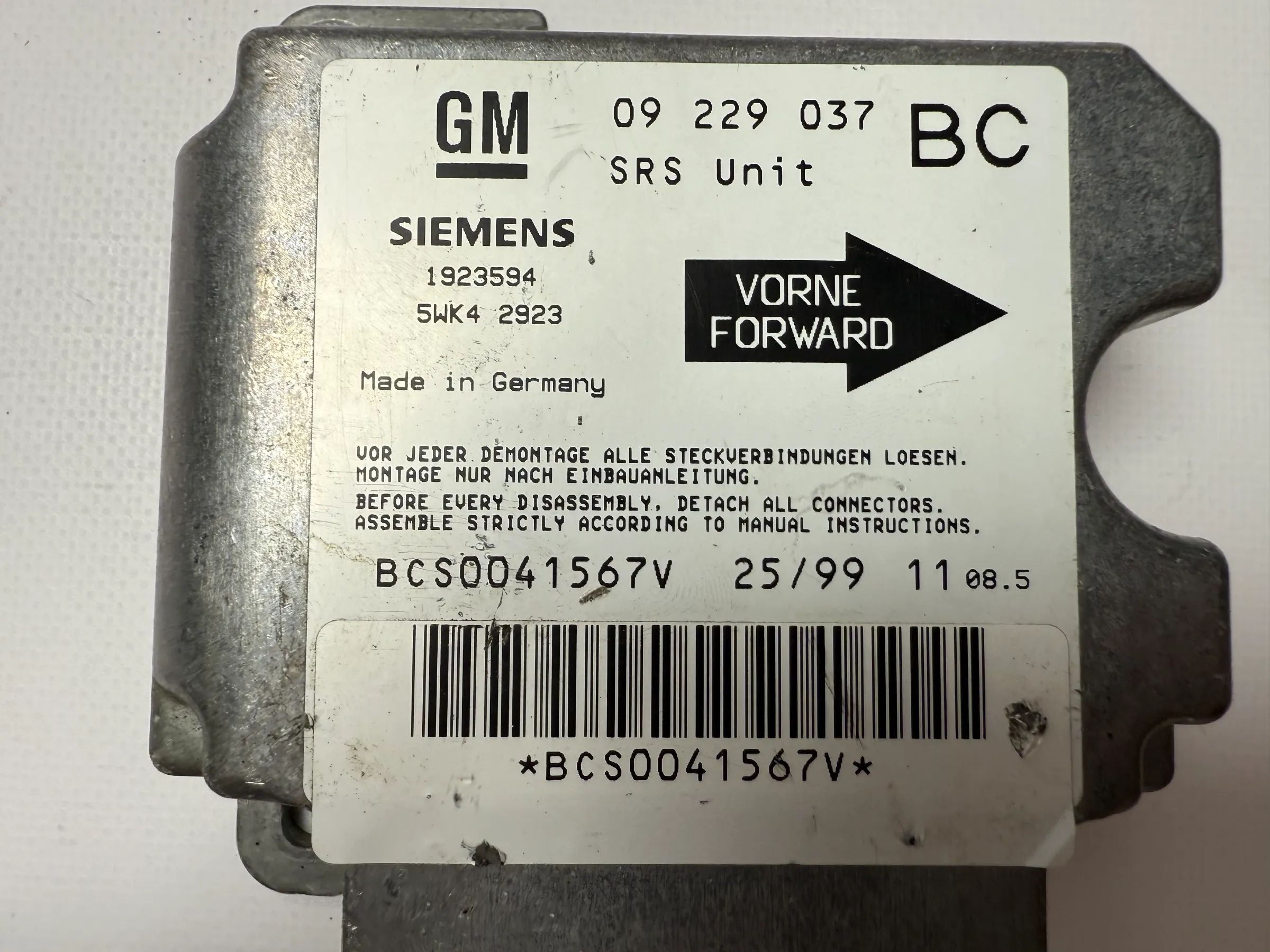 origineel Opel Astra G airbagregelapparaat 09229037BC / 5WK4 2923