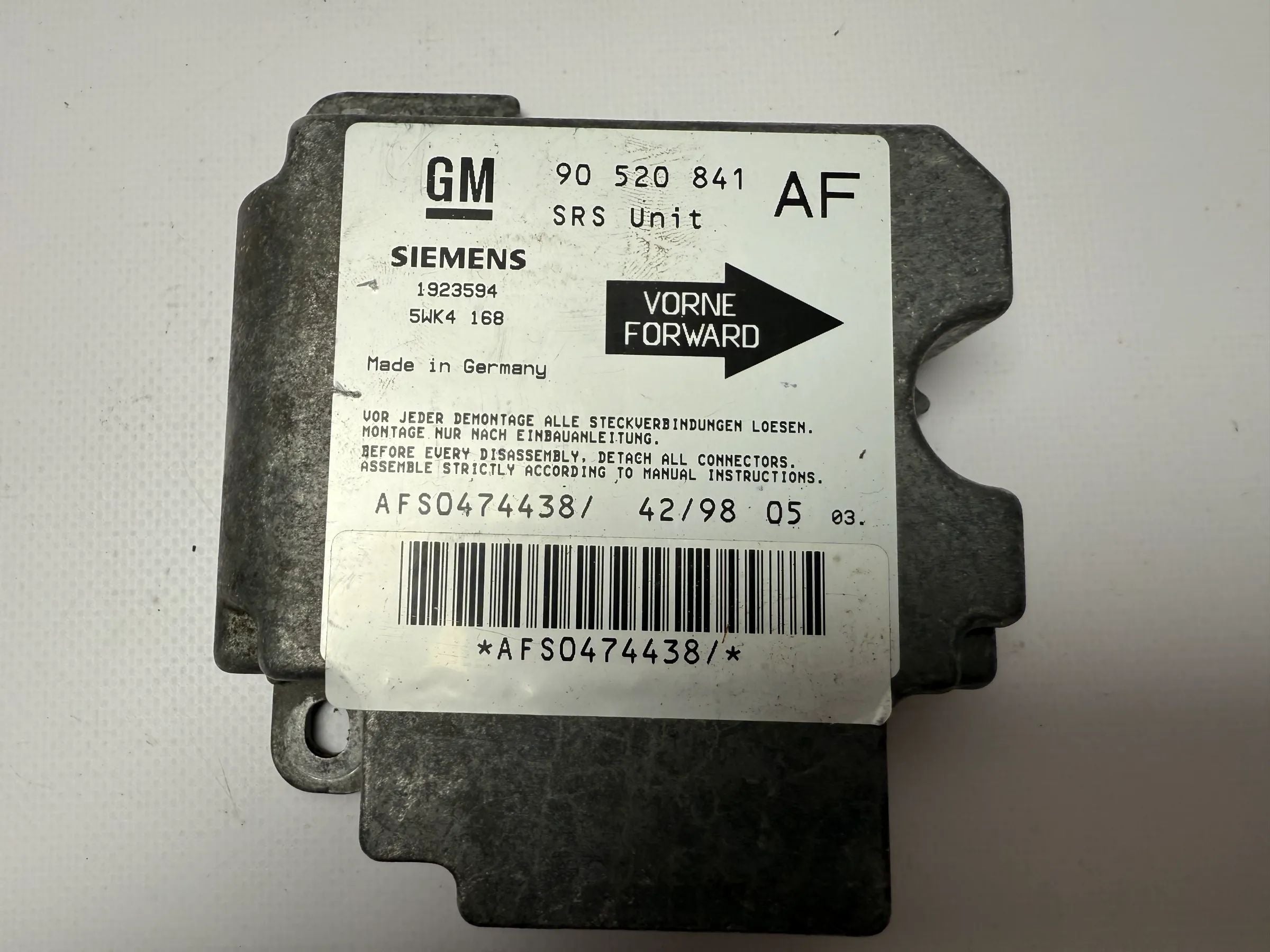 Original OPEL ASTRA G Módulo de Airbag 90520841 AF / 5WK4168
