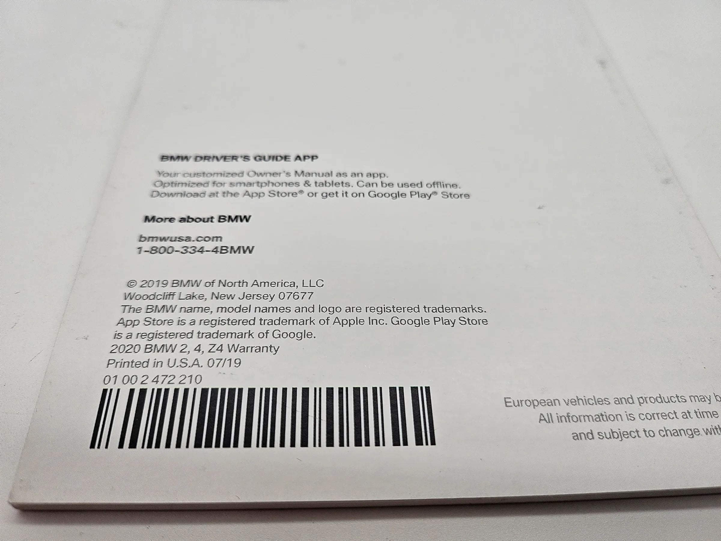 Original BMW 2er 4er  Z4 2020 Limited Warranty  englisch US
