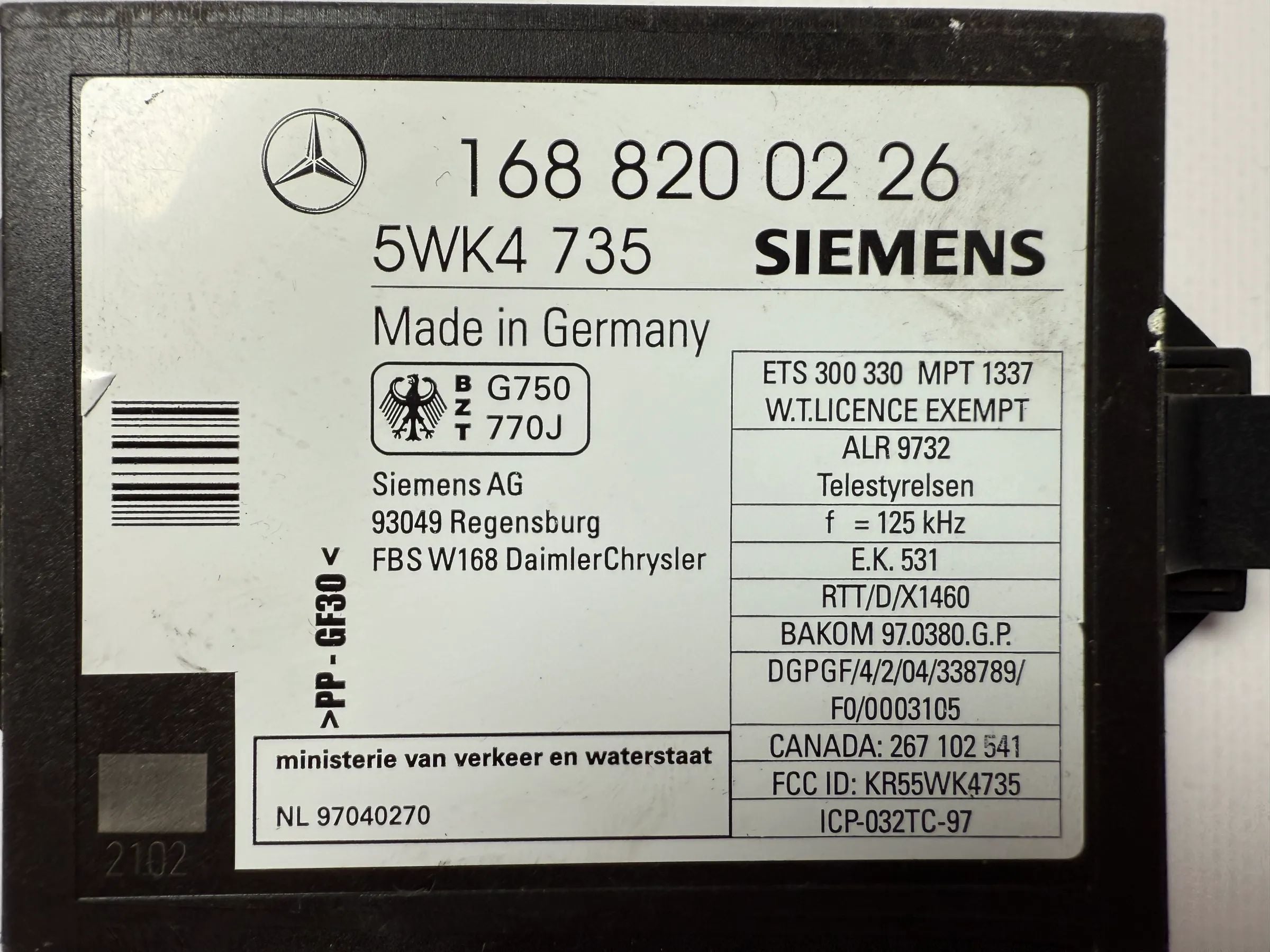 Orijinal Mercedes A-Serisi W168 Kontrol Ünitesi Immobilizer Siemens 1688200226